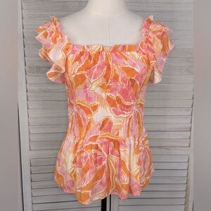 NANETTE LEPORE Smocked Floral Ruffle Blouse Orange/Pink-Small